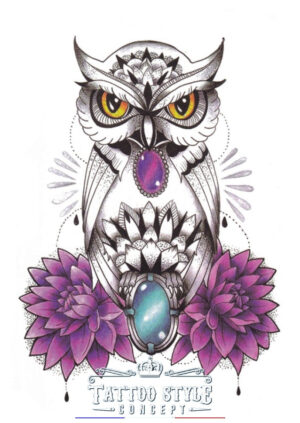 tatouage atypique hiboux avec joyaux et fleurs violettes 255 1