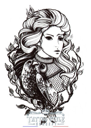 tatouage portrait femme et oiseau sur branche en noir blanc 828 1